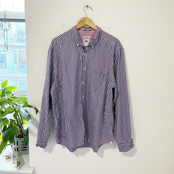 Lacoste Men's Purple & White Stripe Button Up Top Size 45 - Picture 1 of 8